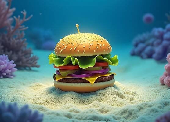 Kreativer Hamburger im Meer mit Korallen und Meeresboden, für Cinema Escape.