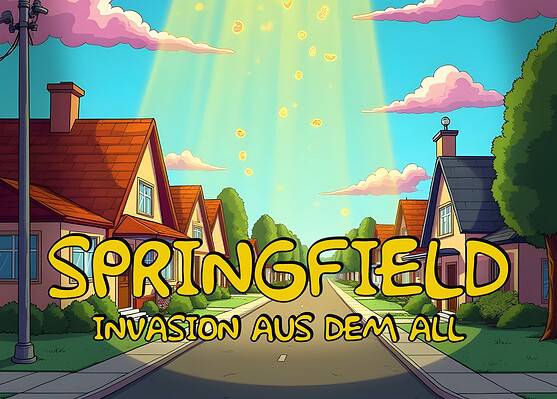UFO landet in Springfield, springende Stadt mit Häusern und Bäumen.