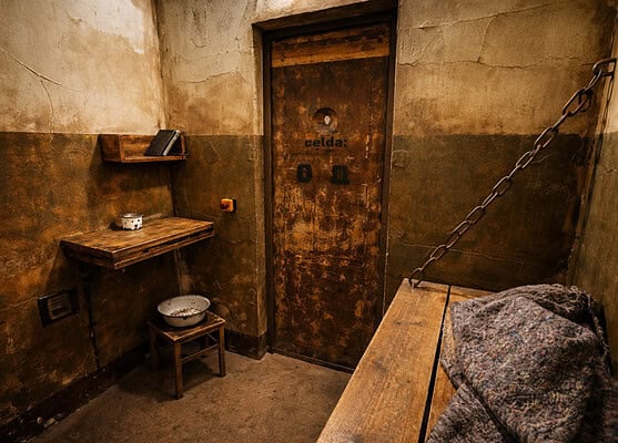 Geheimer Raum mit rustikalem Dekor, Tür mit Symbolen, versteckter Ort für Escape-Spiele.